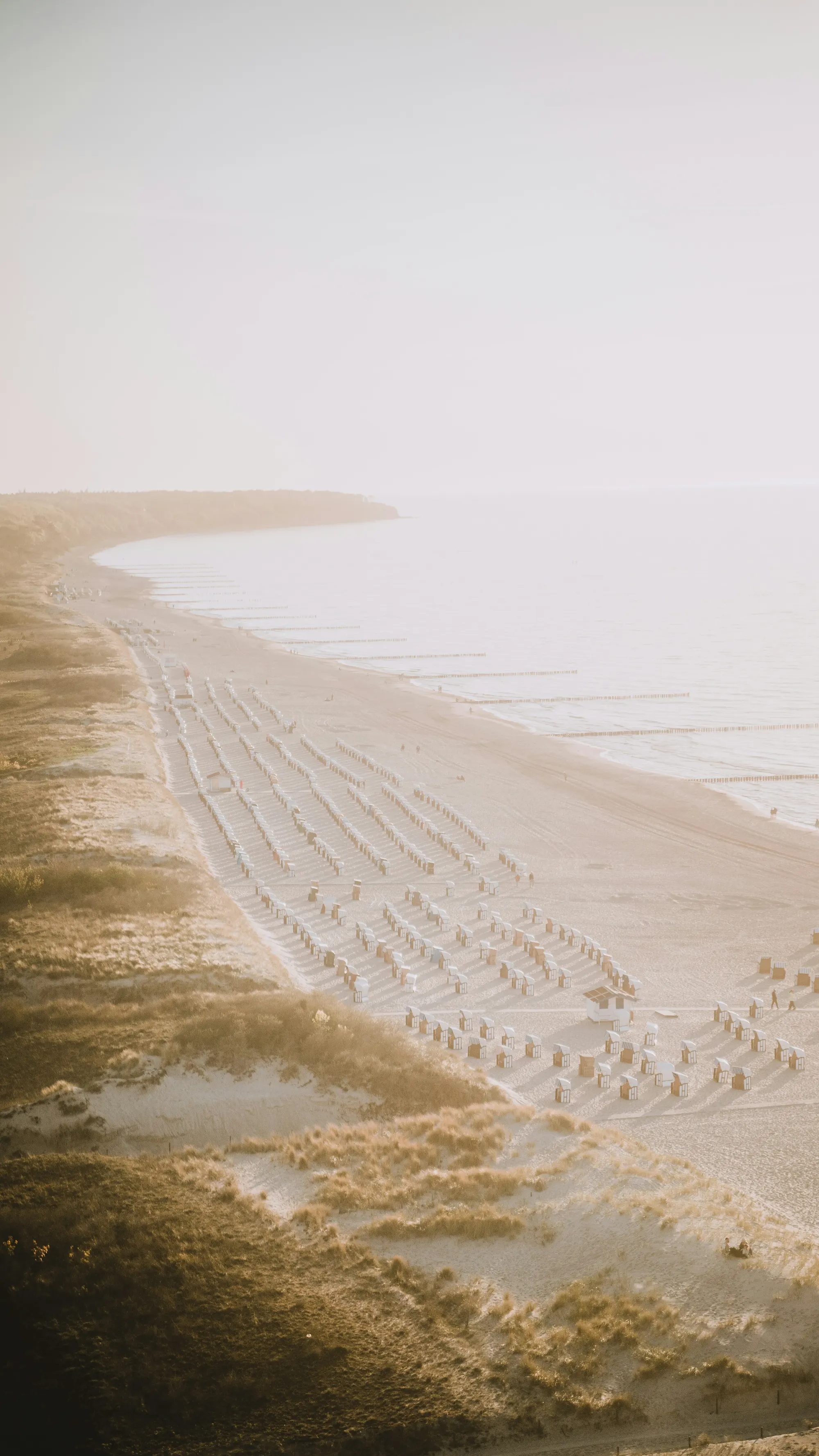 Hooded beach chairs on the Baltic shore, seen from above