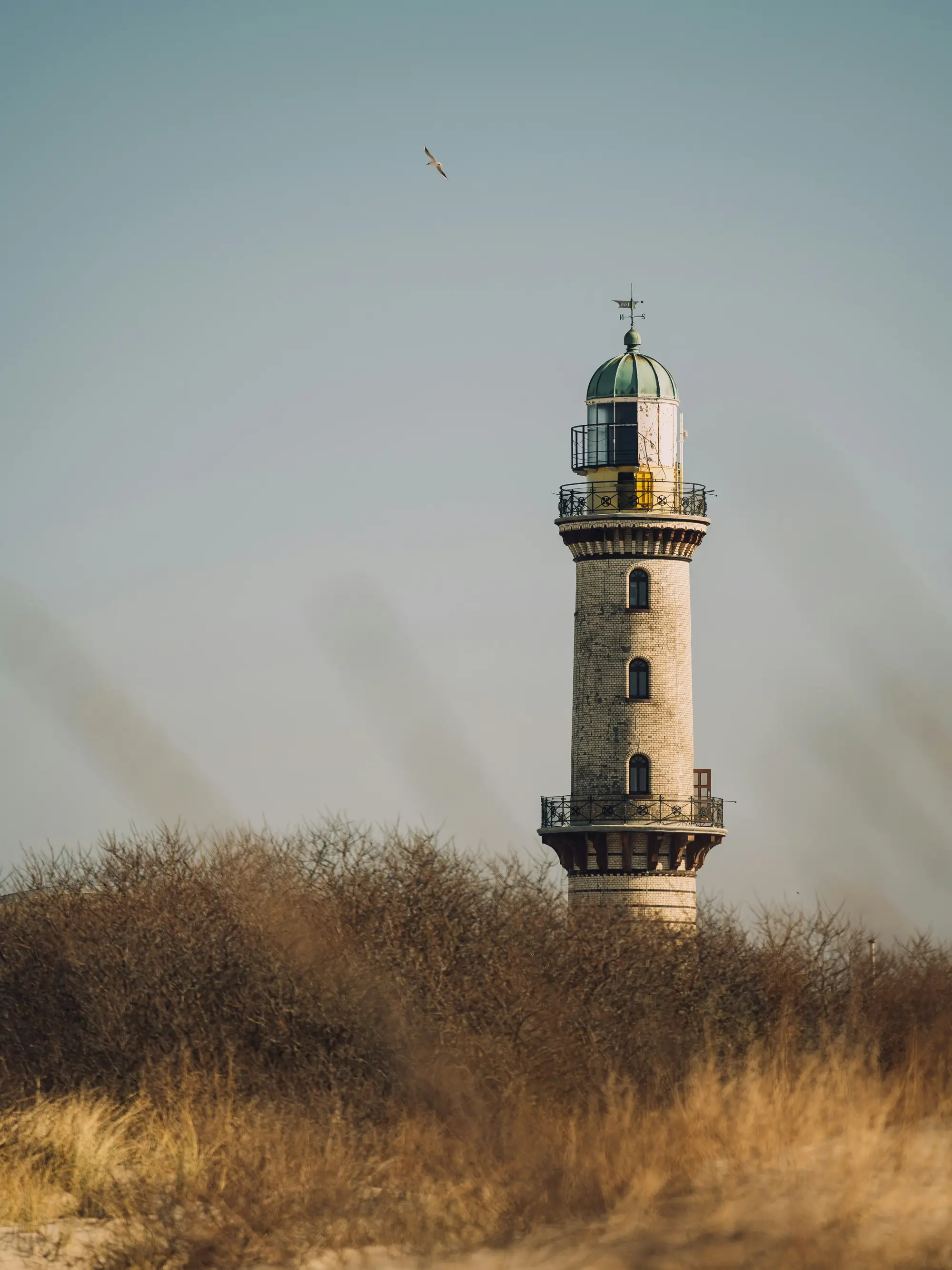 The Warnemünde lighthouse above the dune grass