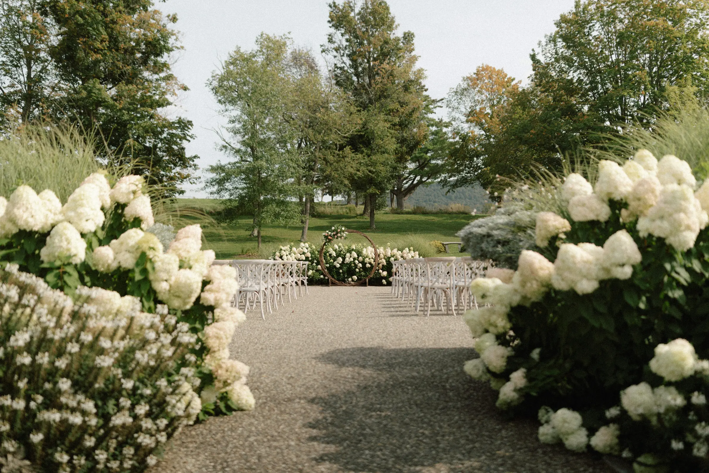 An open-air ceremony in the garden, among white hydrangeas