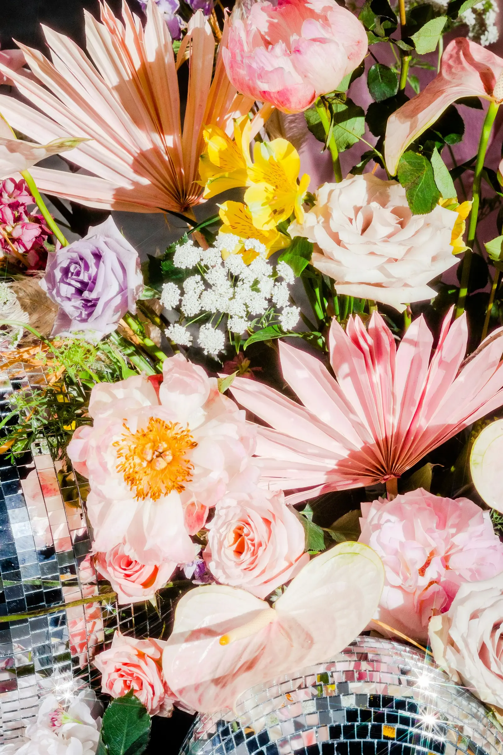 Flowers and disco balls in the sunlight