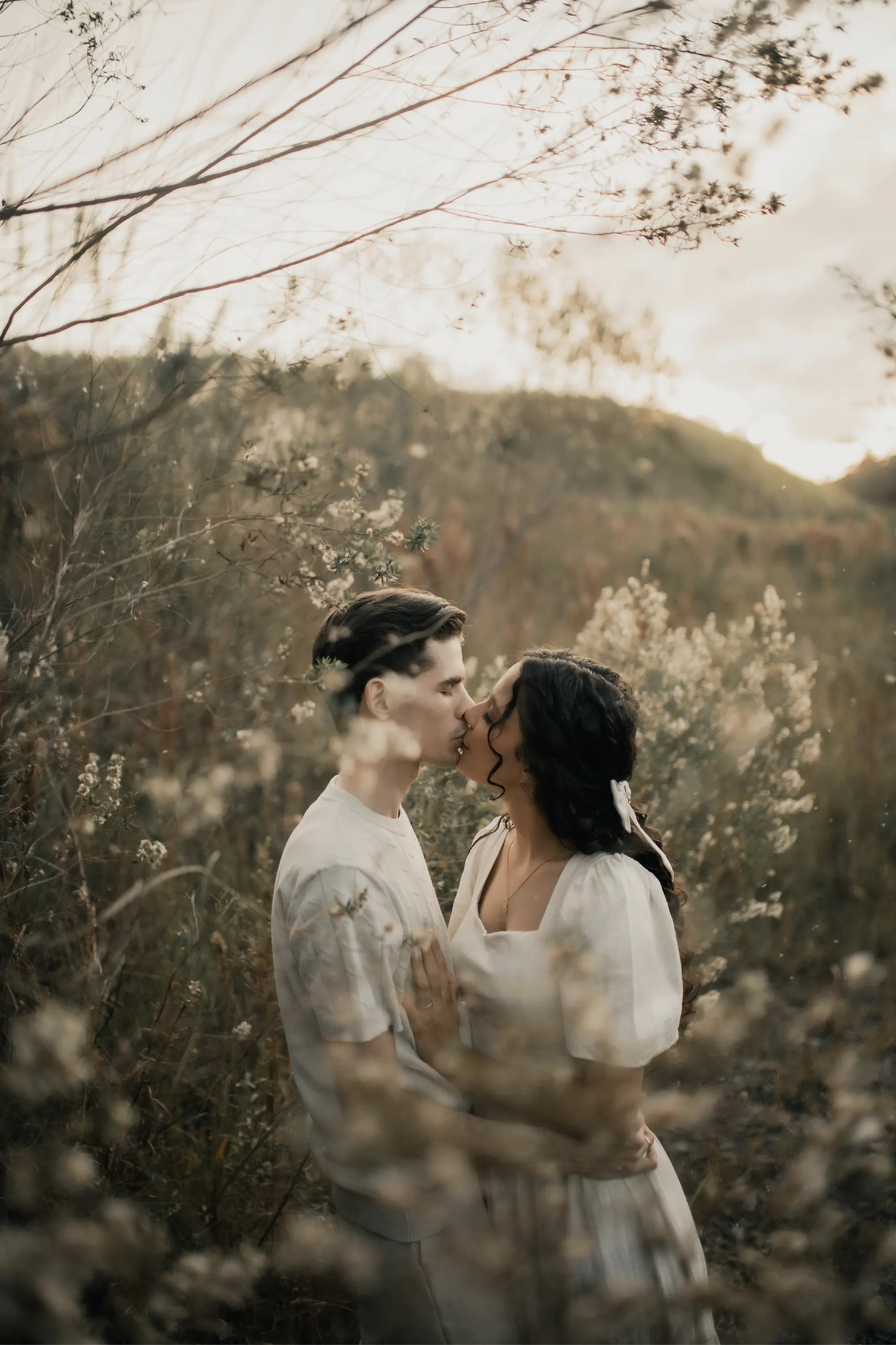 A kiss in the tall grass in the golden evening light